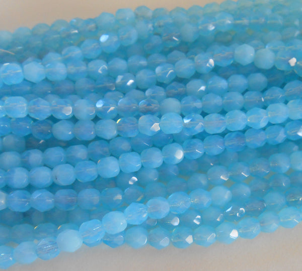 25 6mm Milky Aquamarine Czech glass beads, aqua blue firepolished, faceted round beads, C6425