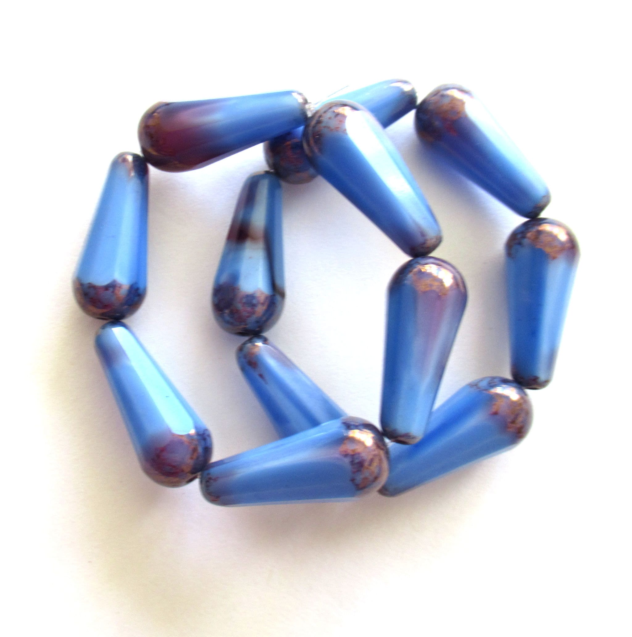 Six Czech glass 20mm faceted teardrop beads - opaque cornflower blue drop beads with purple streaks - 9 x 20mm elongated tear drops 00262