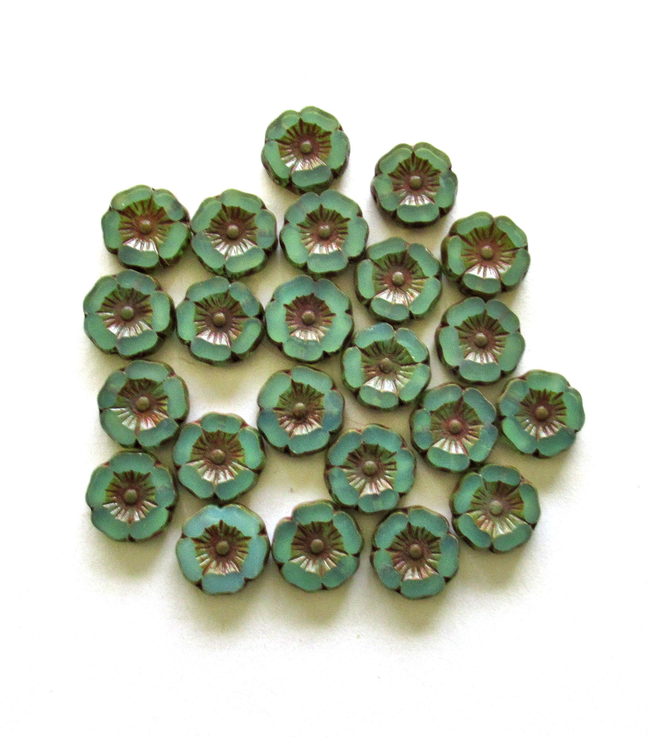 Czech glass flower beads - seafoam green opaline picasso - vaseline glass - table cut carved - 12mm -Hawaiian floral beads - 8 pcs - C00202