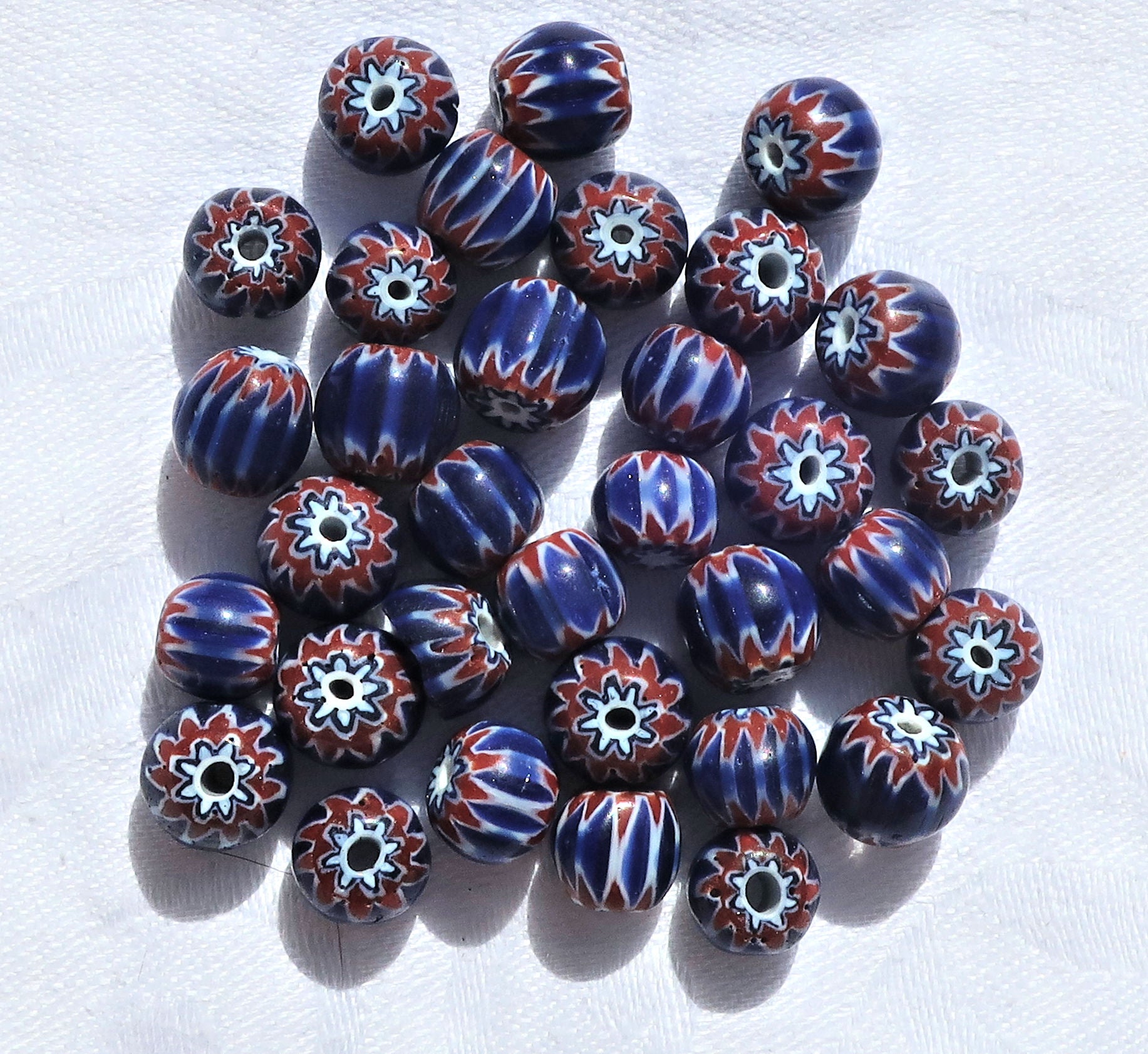 Lot of 15 blue, white and red striped chevron glass Beads 7 x 8mm big hole beads C7401