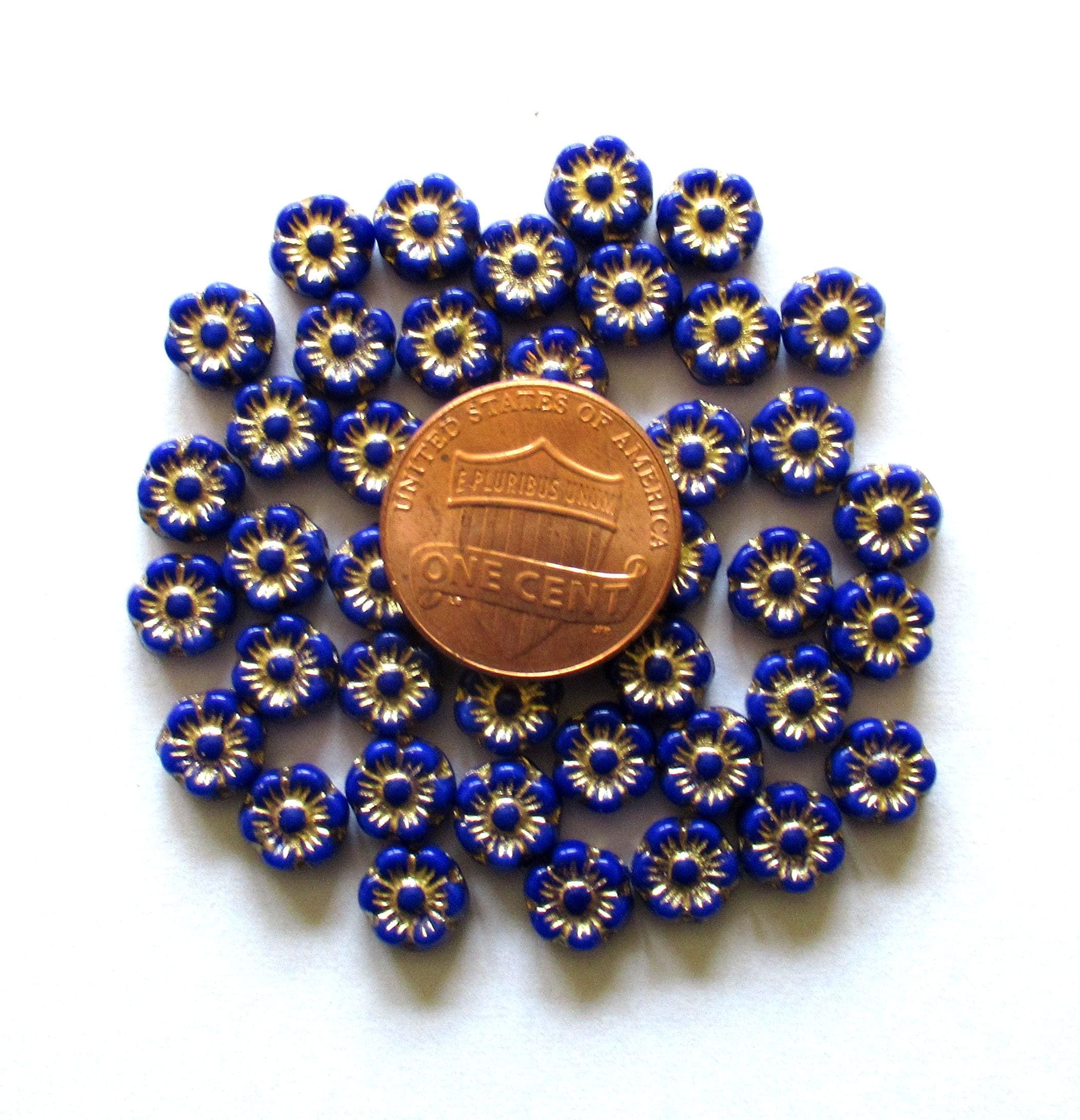 25 small Czech glass flower beads - 6mm - opaque royal blue beads with a gold wash - C0088