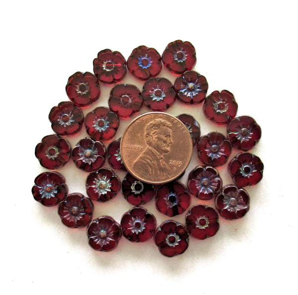 Ten Czech glass flower beads - transparent fuchsia pink w/ picasso accents - 10mm- table cut carved Hawaiian flower beads - C00101