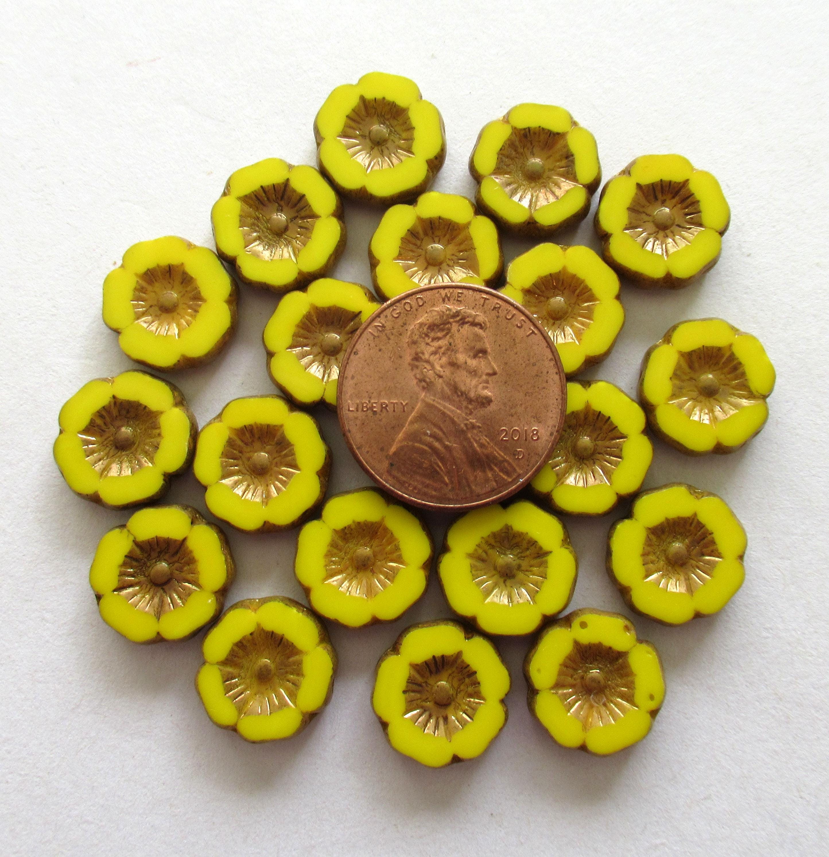 Ten 12mm Czech glass flower beads - opaque bright yellow with bronze picasso accents - table cut carved Hawaiian floral beads C00291