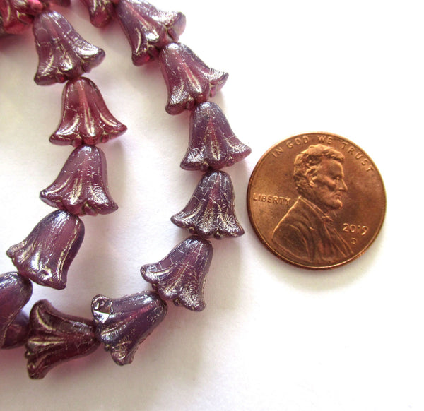 15 Czech glass flower beads - 9 x 10mm translucent purple / amethyst opal with a silver wash - lily flower beads C00351
