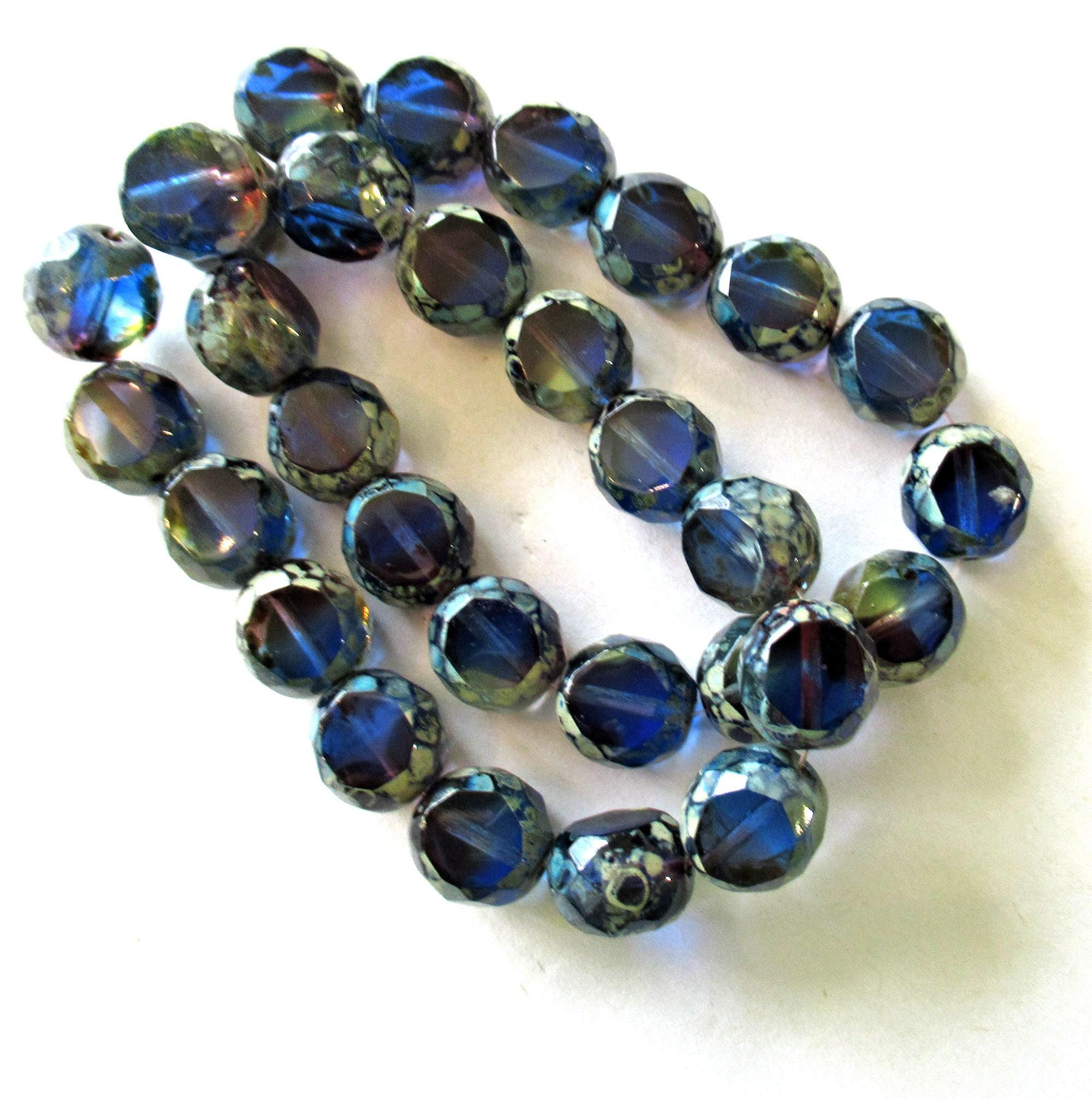 Six 12mm dual faceted table cut Czech glass beads - two tone blue w/ picasso accents - 2 cut window beads - chunky statement beads = 00081