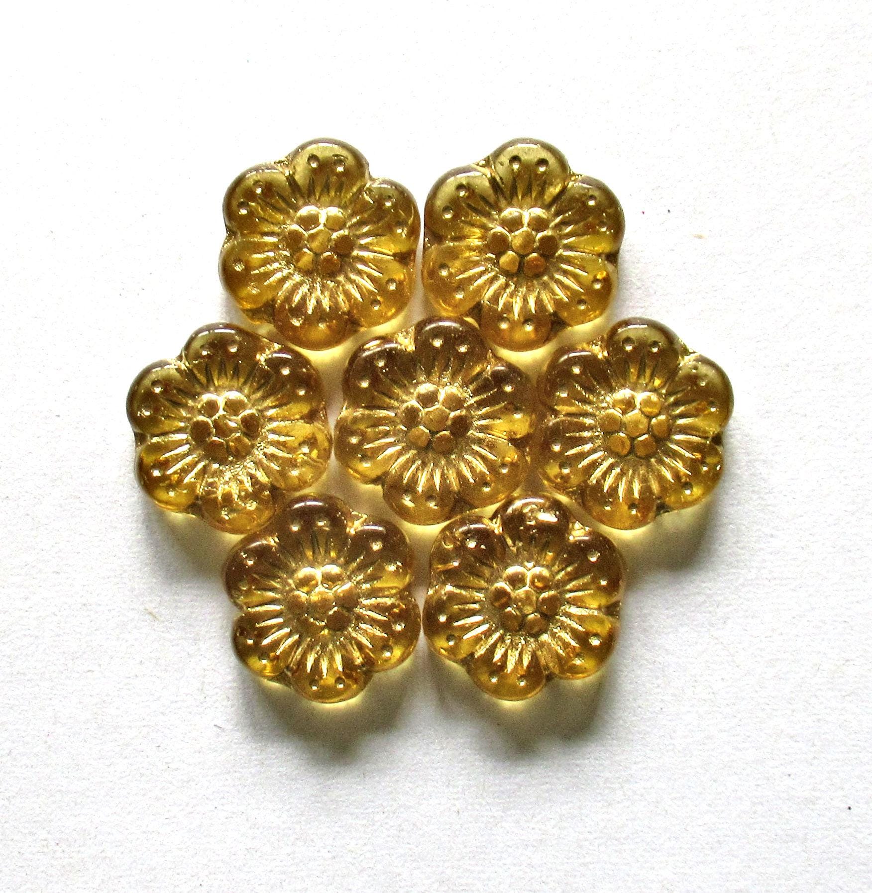 Ten Czech glass wild rose flower beads - 14mm - transparent amber with a gold wash - C00131