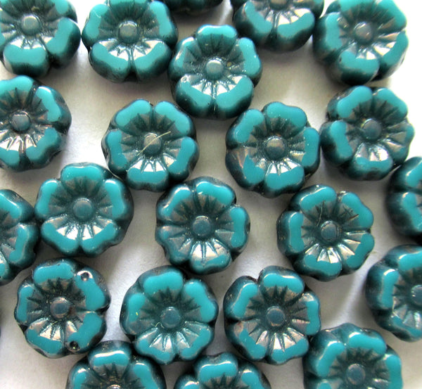 12 small 7mm Czech glass flower beads - teal or Persian turquoise blue green Hawaiian flowers w/ bronze accents - table cut - beads C00071