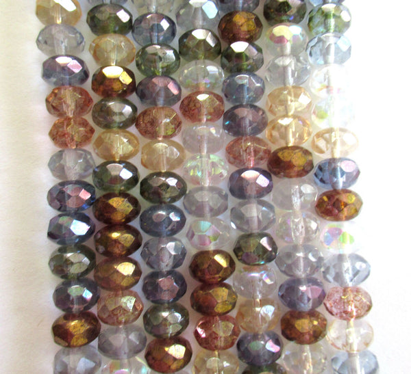 25 Czech glass puffy rondelle beads - 6 x 9mm transparent luster color mix faceted rondelles - C00921