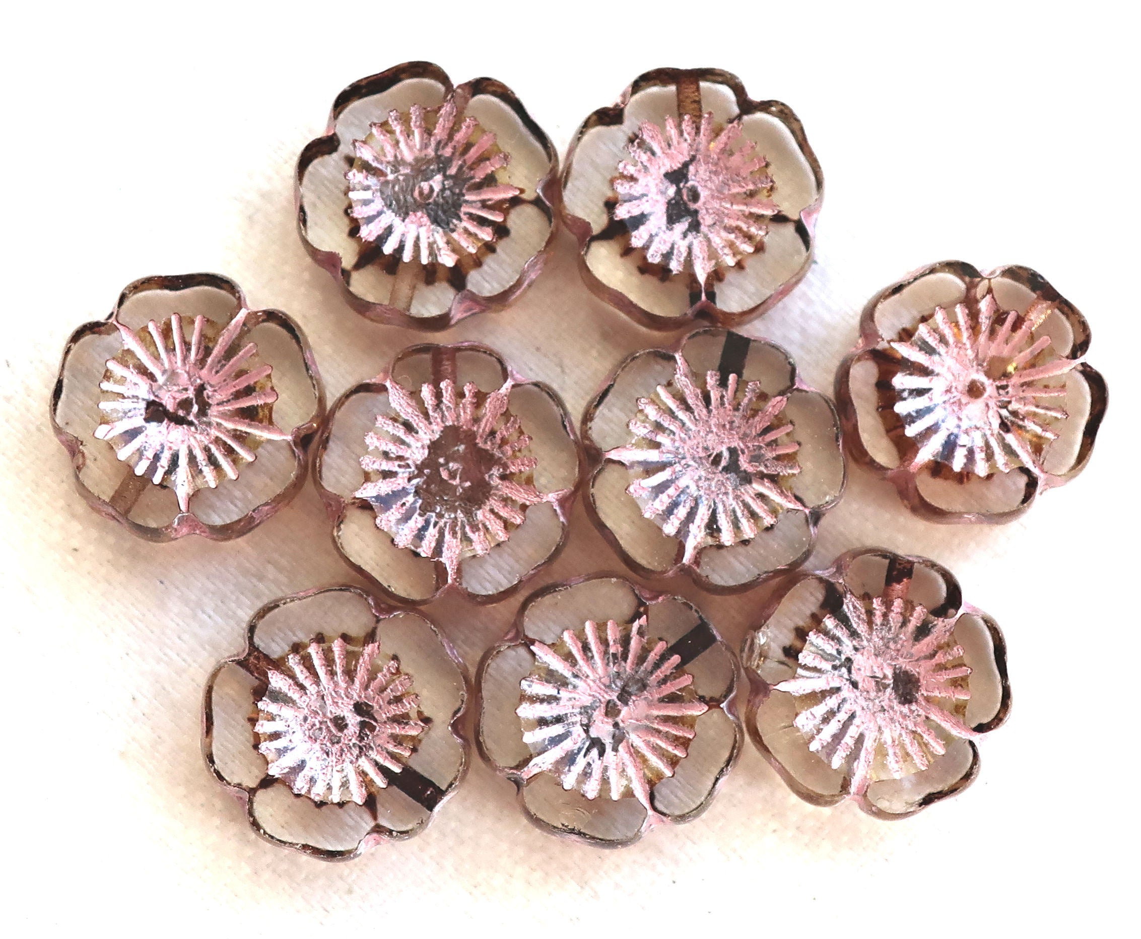 Five14mm table cut, carved, transparent crystal & pink picasso, Czech glass hibiscus Hawaiian flower beads, C61105