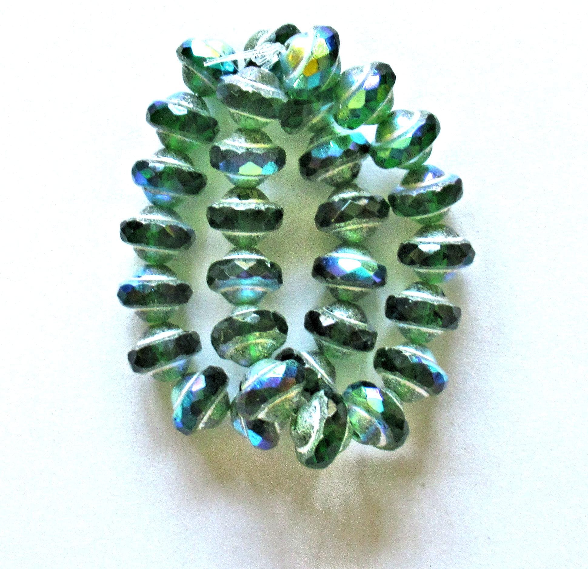 15 mini Czech glass saturn / saucer beads - 6 x 8mm - emerald green ab with antique silver picasso accents - C00842