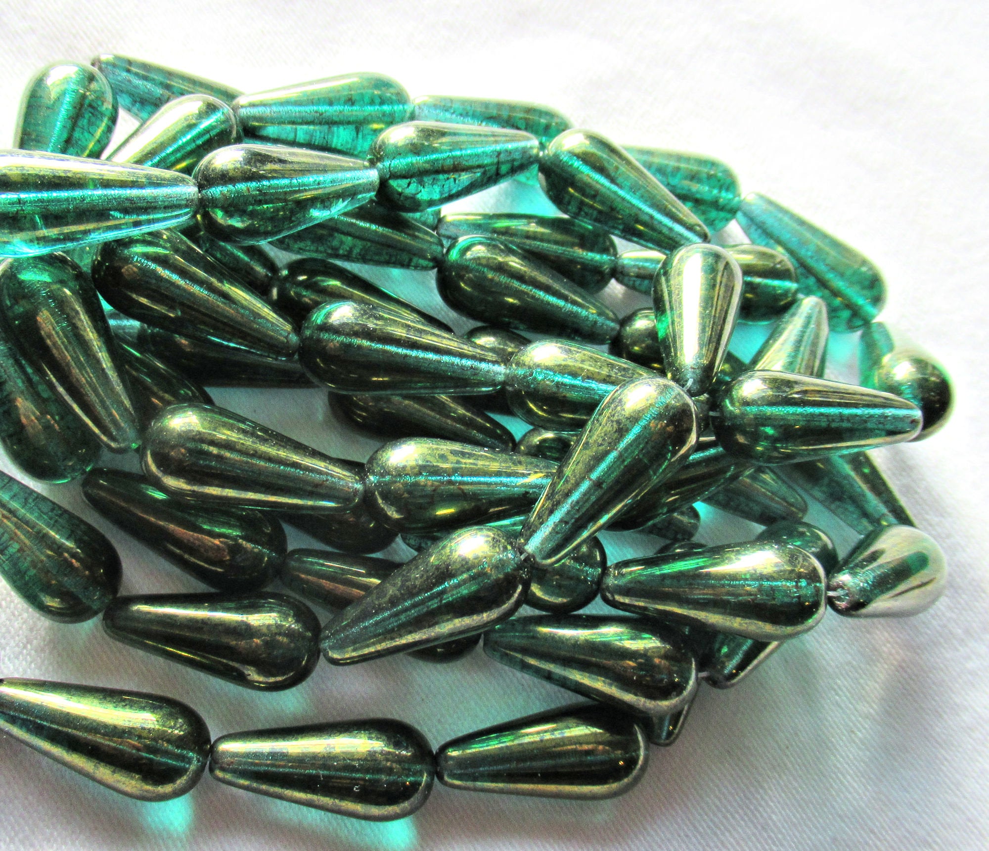 Lot of six Czech glass long teardrop beads - viridian teal green with a splotchy gold finish - 9 x 20mm elongated tear drops 20106