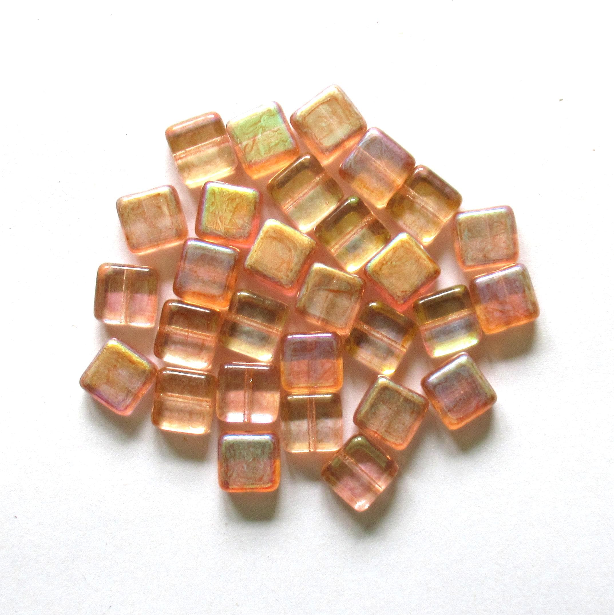 Ten large square Czech glass beads - 11mm - light orange or peach w/ an iridescent ab finish - C001