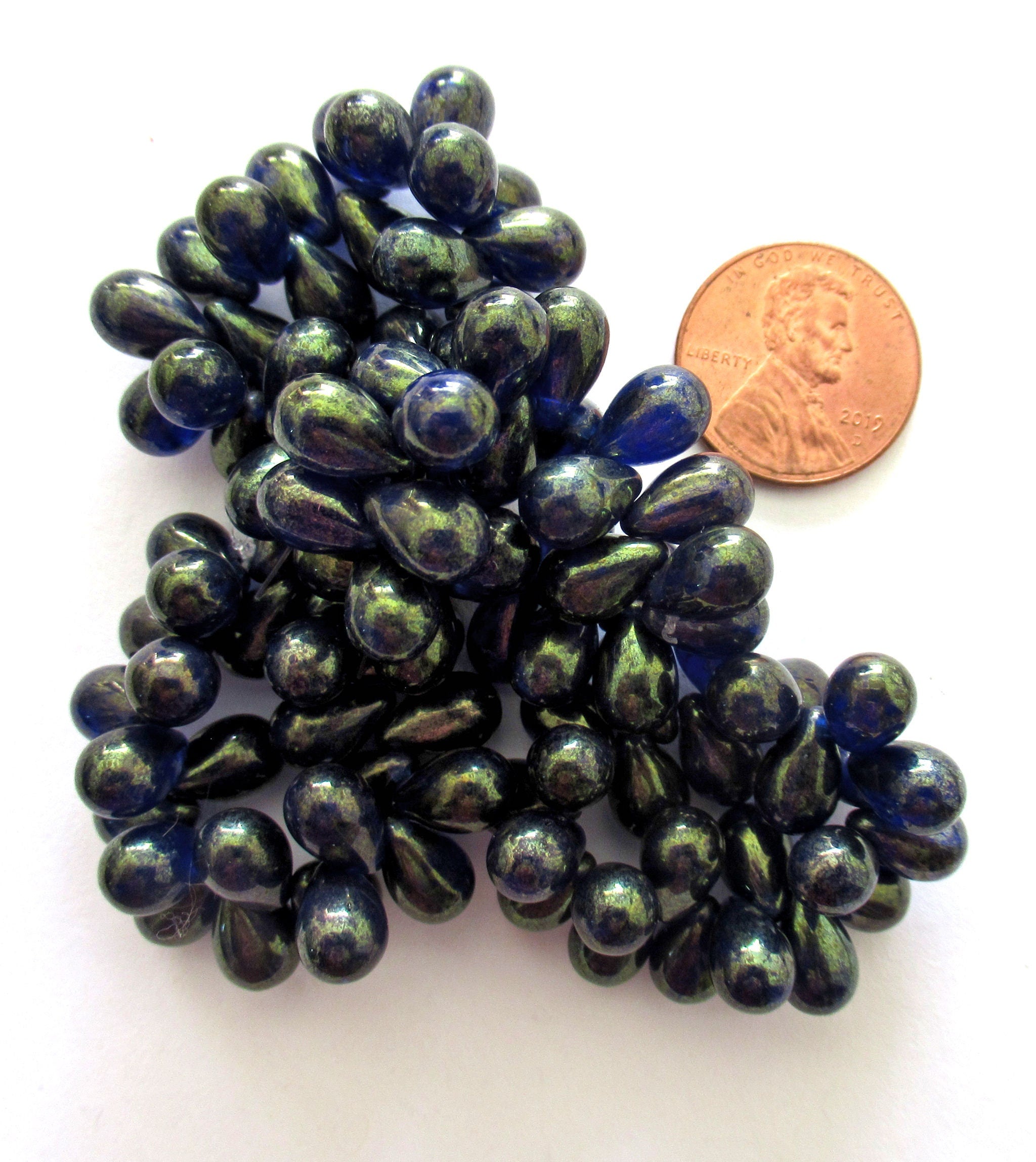 Lot of 25 Czech glass drop beads - deep sapphire blue with a bronze finish - smooth teardrop beads - 9 x 6mm C0058