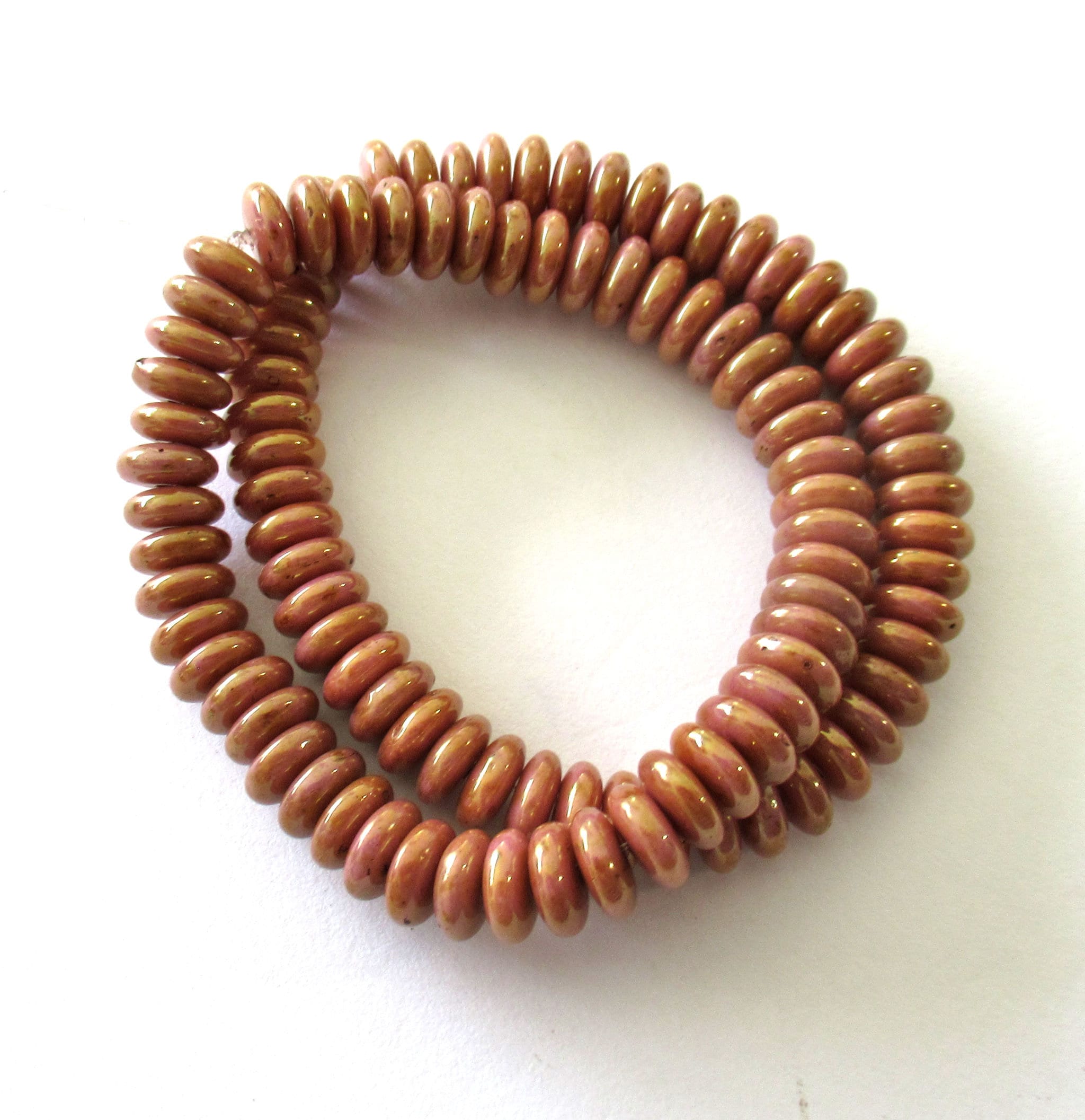 Lot of 50 6mm Czech glass rondelle spacer beads - opaque pink with a luster goldstone finish - spacers or rondelles C00601