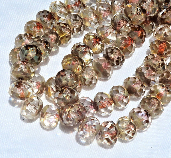 Lot of 25 Czech glass puffy rondelle beads - transparent crystal picasso, 8mm x 6mm neutral, rustic, earthy faceted rondelles 25201