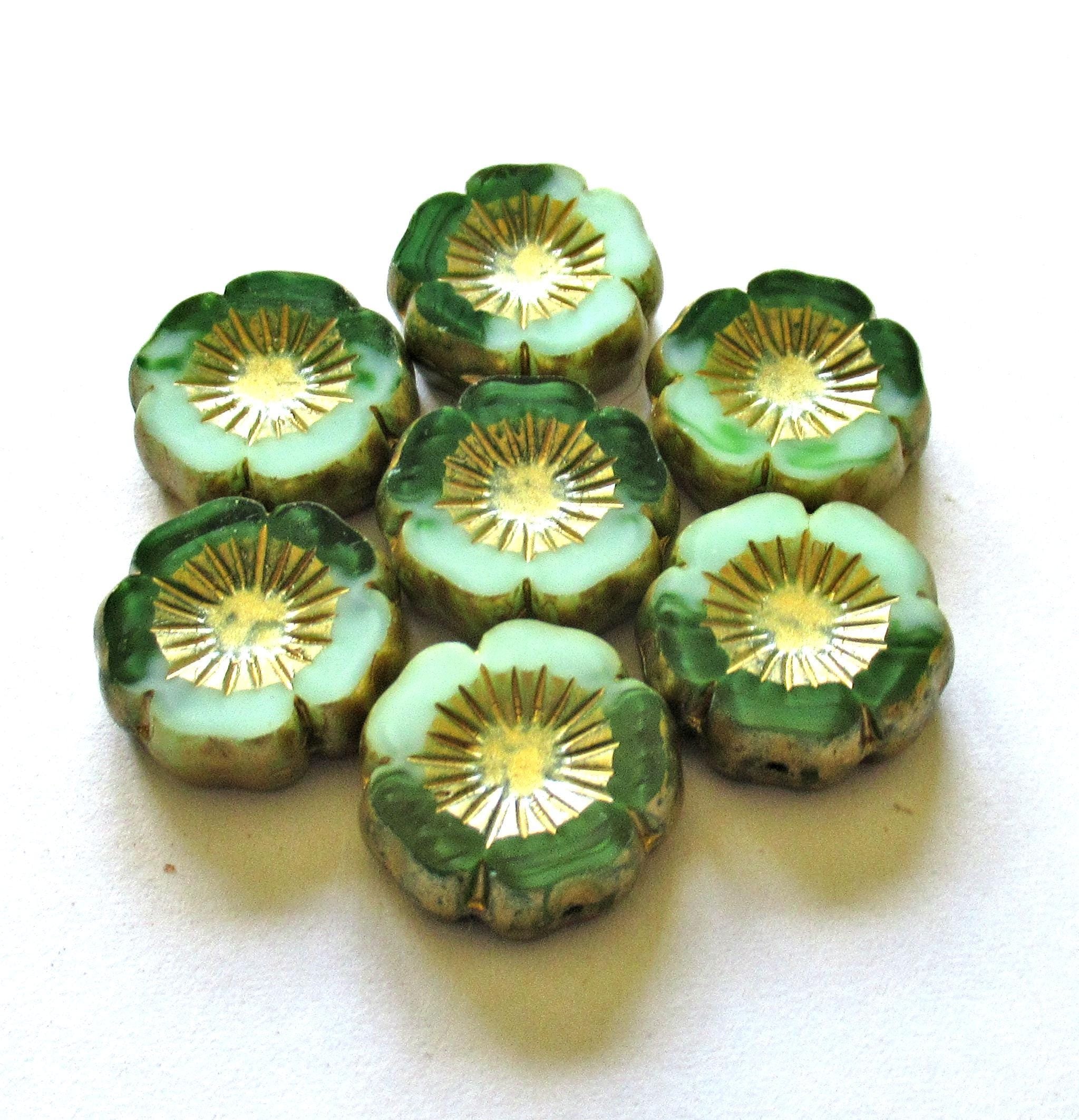 Five large Czech glass flower beads - 16mm - green mix vaseline glass - table cut & carved - Hawaiian hibiscus flowers - C00522