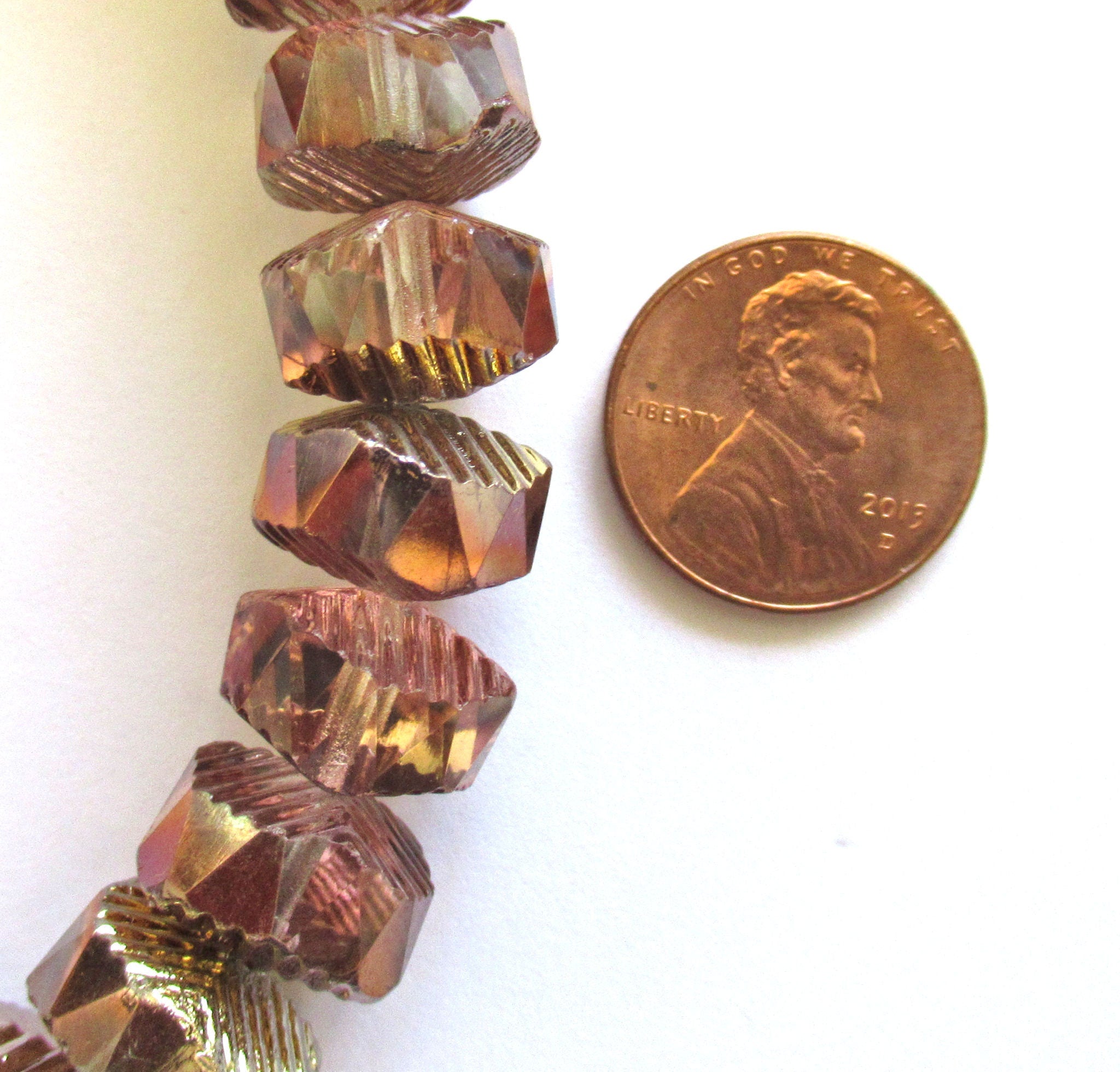 Six Czech glass faceted wavy rondelle beads - large 14 x 6mm copper and crystal mix chunky rondelles - C00941