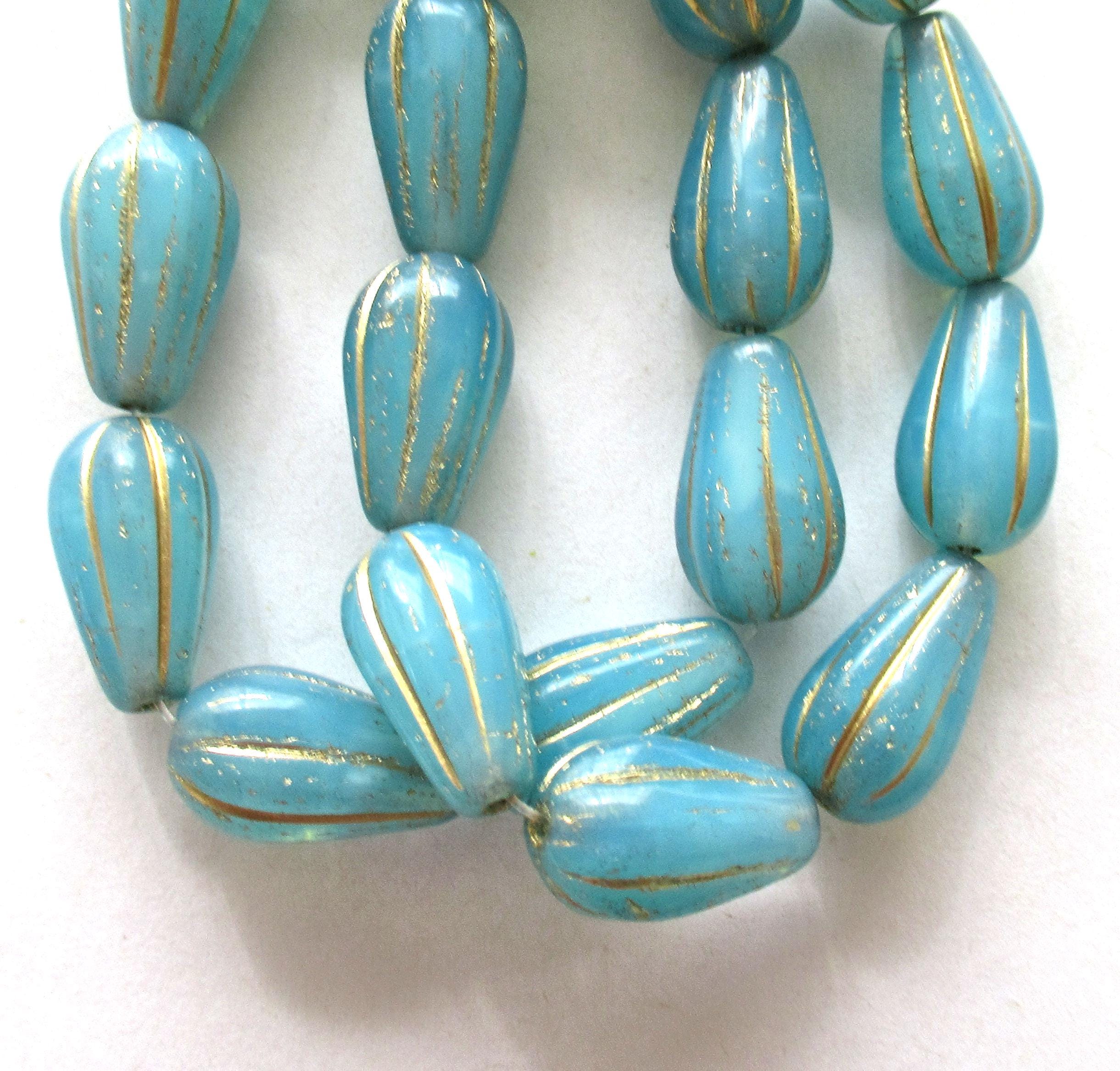 Ten Czech glass teardrop melon beads - blue opal w/ gold accents - 15 x 8mm tear drops 00851
