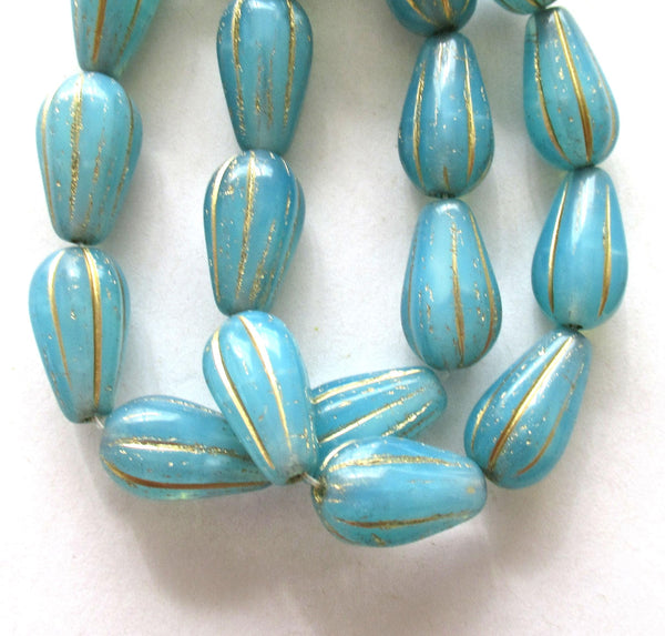 Ten Czech glass teardrop melon beads - blue opal w/ gold accents - 15 x 8mm tear drops 00851