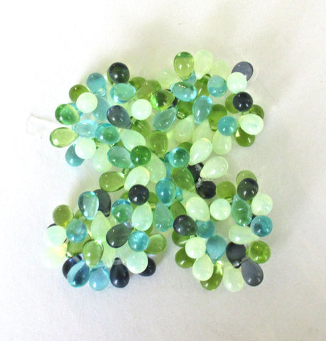 25 Czech glass drop beads - transparent blue and green mix - smooth teardrop beads - 9 x 6mm C00531