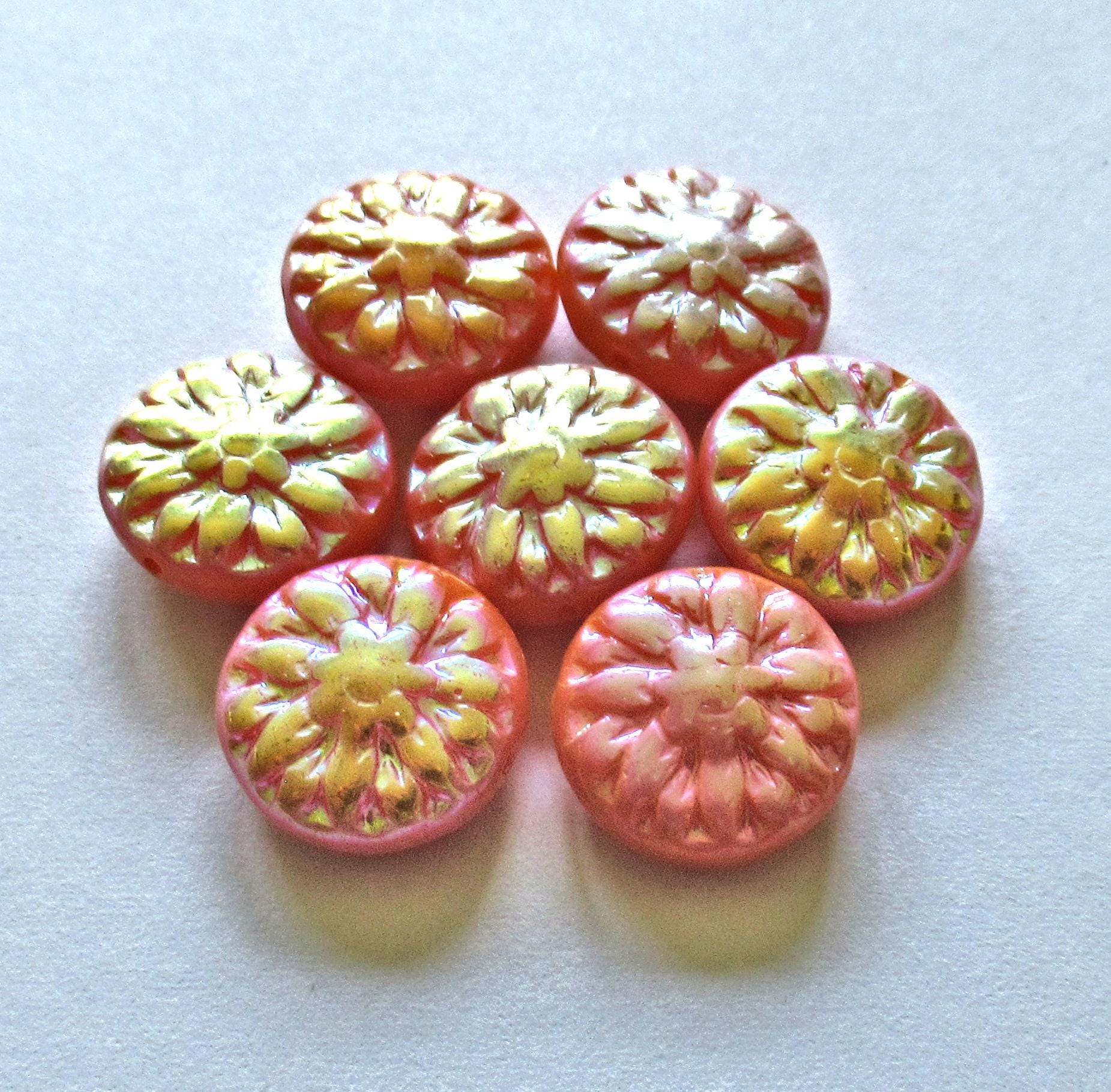 Six Czech glass Dahlia flower beads - 14mm - opaque orange w/ an AB finish on both sides - puffy coin or disc beads - C00131