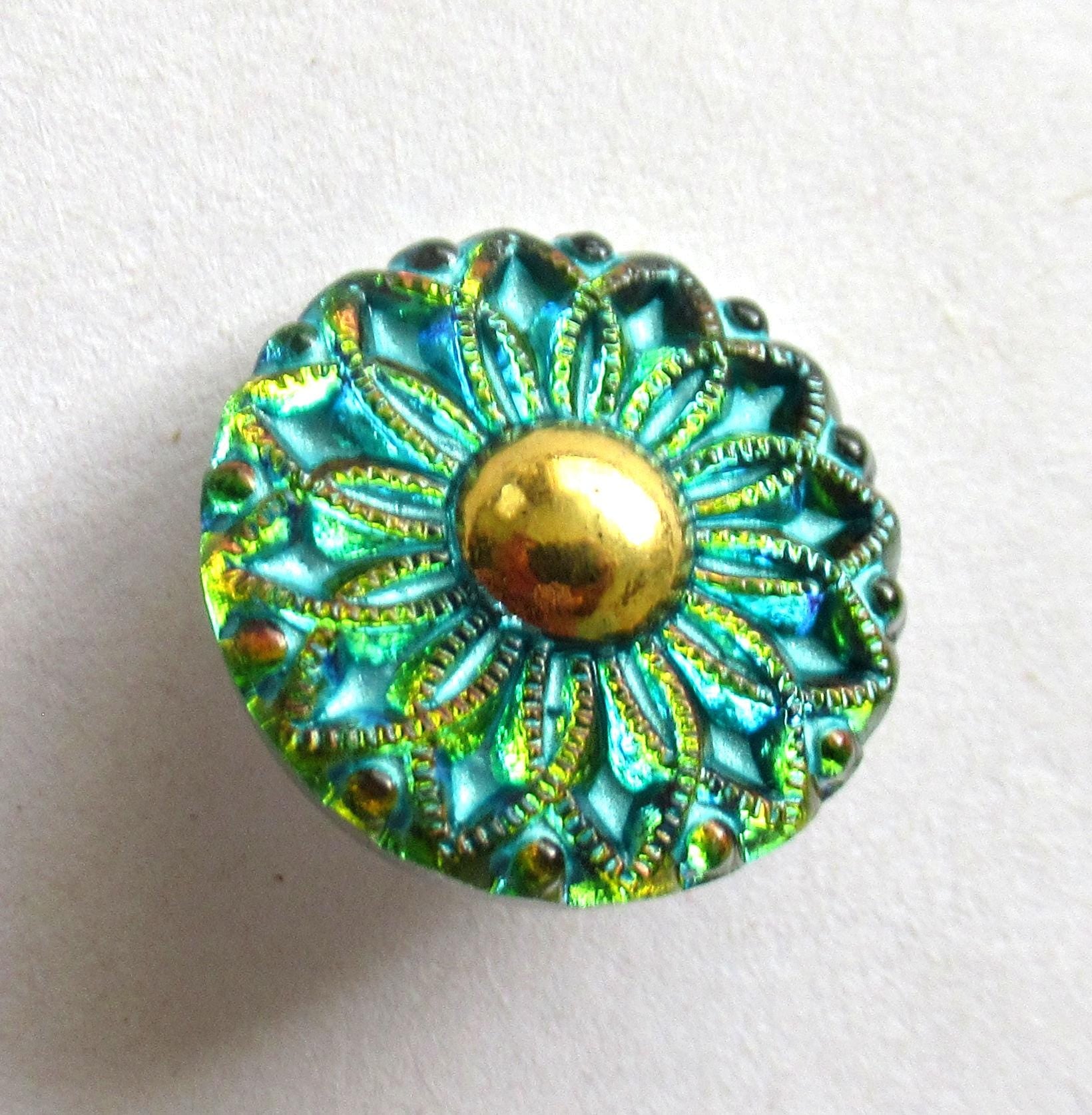 One 18mm Czech glass flower button - green & orange glass with gold accents and a turquoise wash - decorative floral shank buttons - 00371