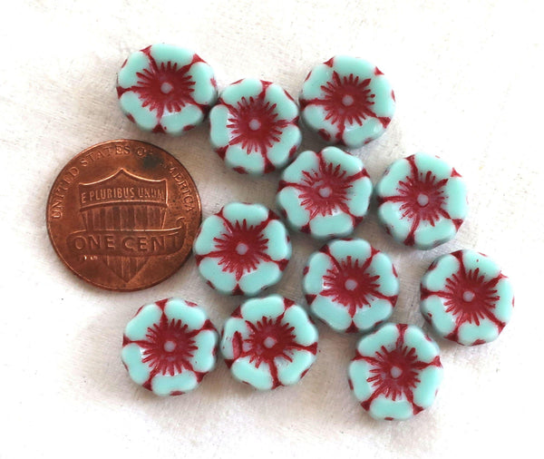 12 Czech glass flower beads - opaque sky blue with red accents - 12mm table cut carved - Hawaiian Hibiscus floral beads C00542
