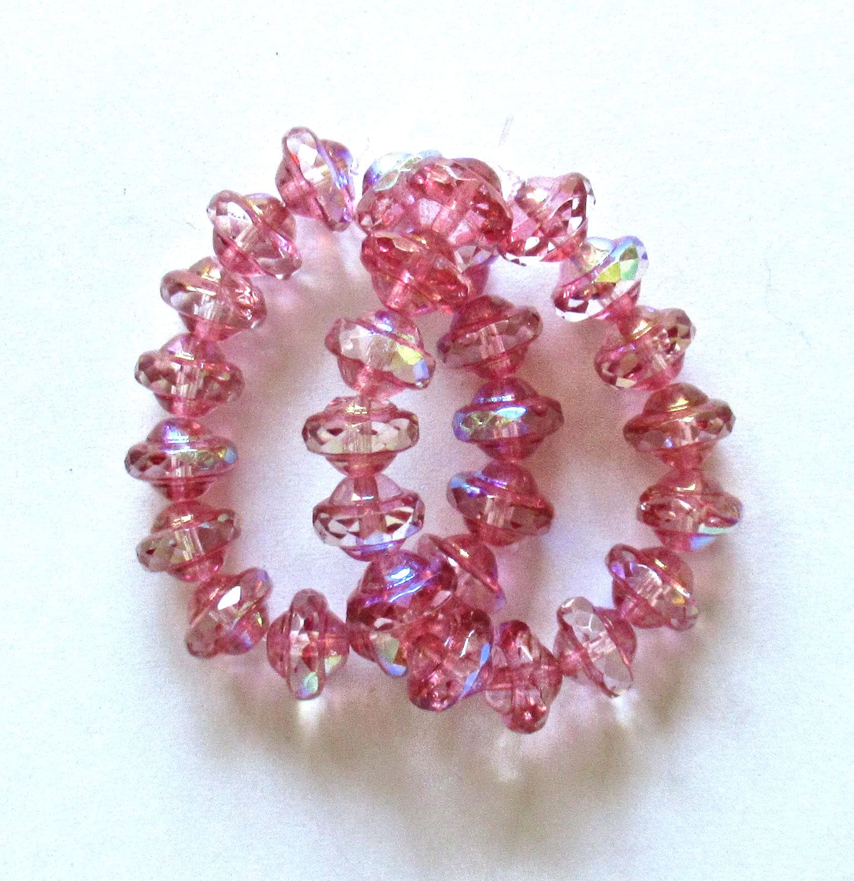 15 Czech glass mini saturn beads - 6 x 8mm - crystal clear with pink, AB & bronze finishes - faceted saucer beads - C00842