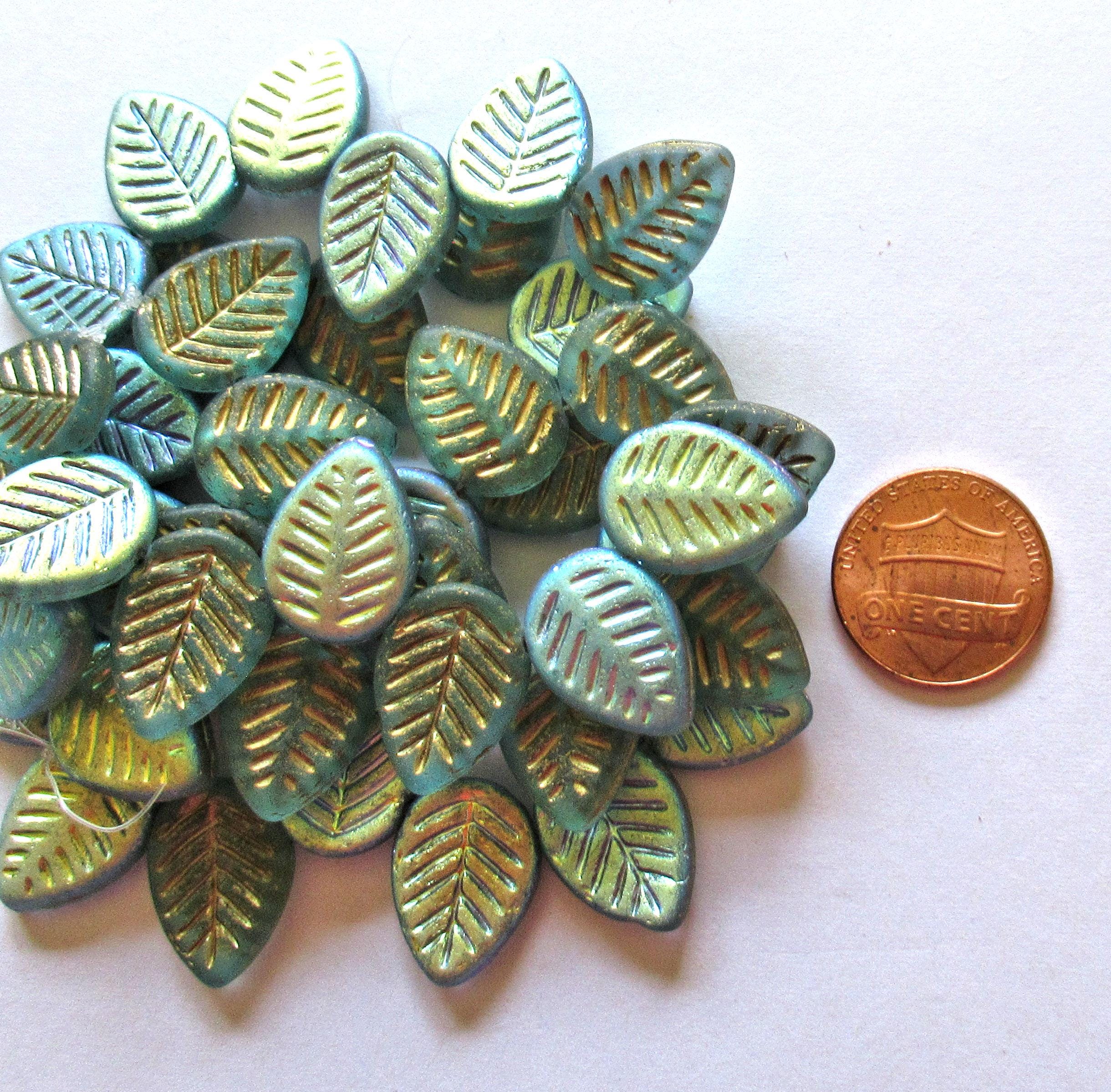 Ten large Czech glass leaf beads - side drilled - matte light teal blue green AB beads w/ a gold wash - 12 x 16mm - carved beads - C00612
