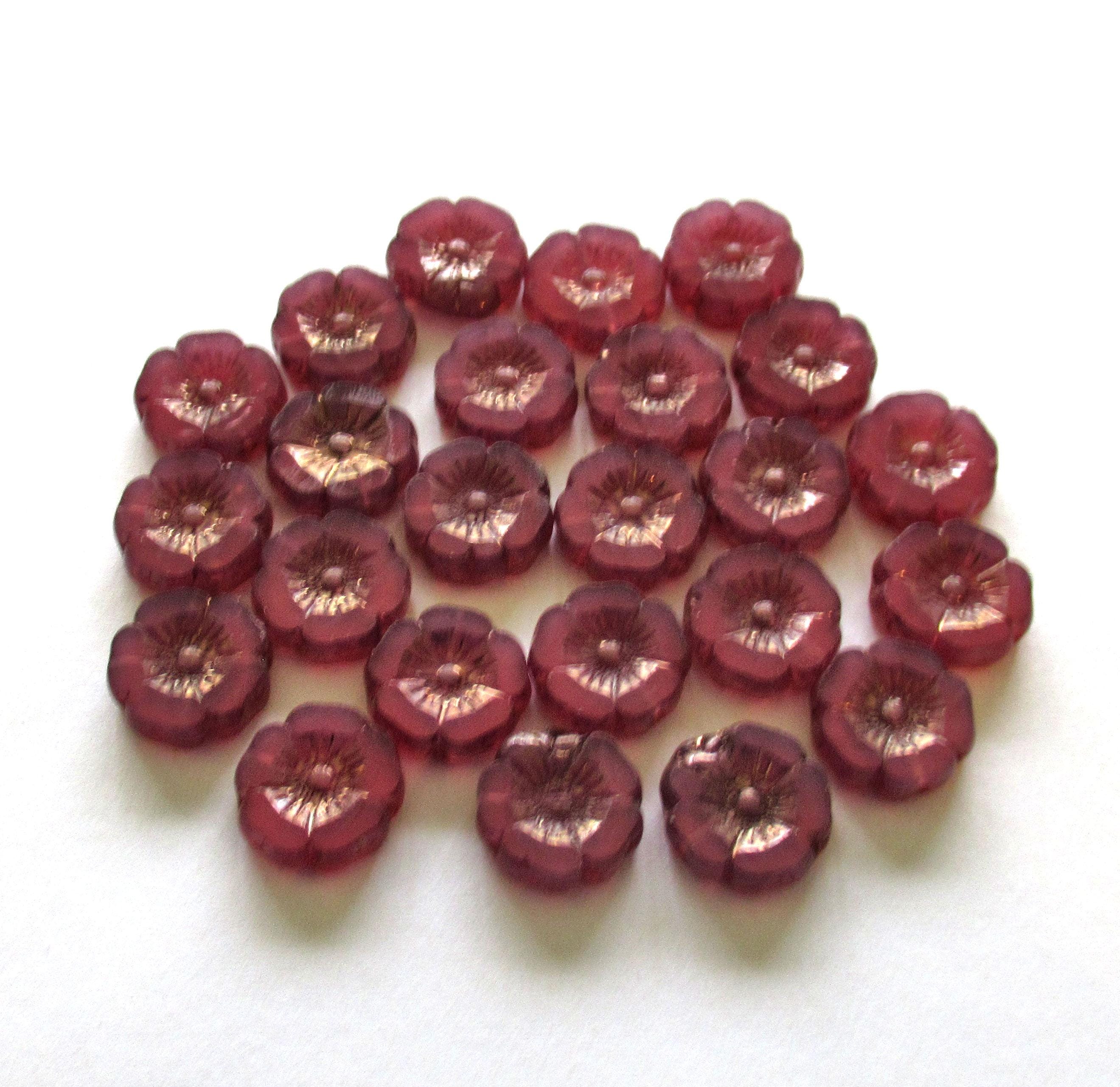 Czech glass flower beads - 12mm - translucent dark pink opal beads - table cut carved Hawaiian Hibiscus floral beads - 8 beads - C00072