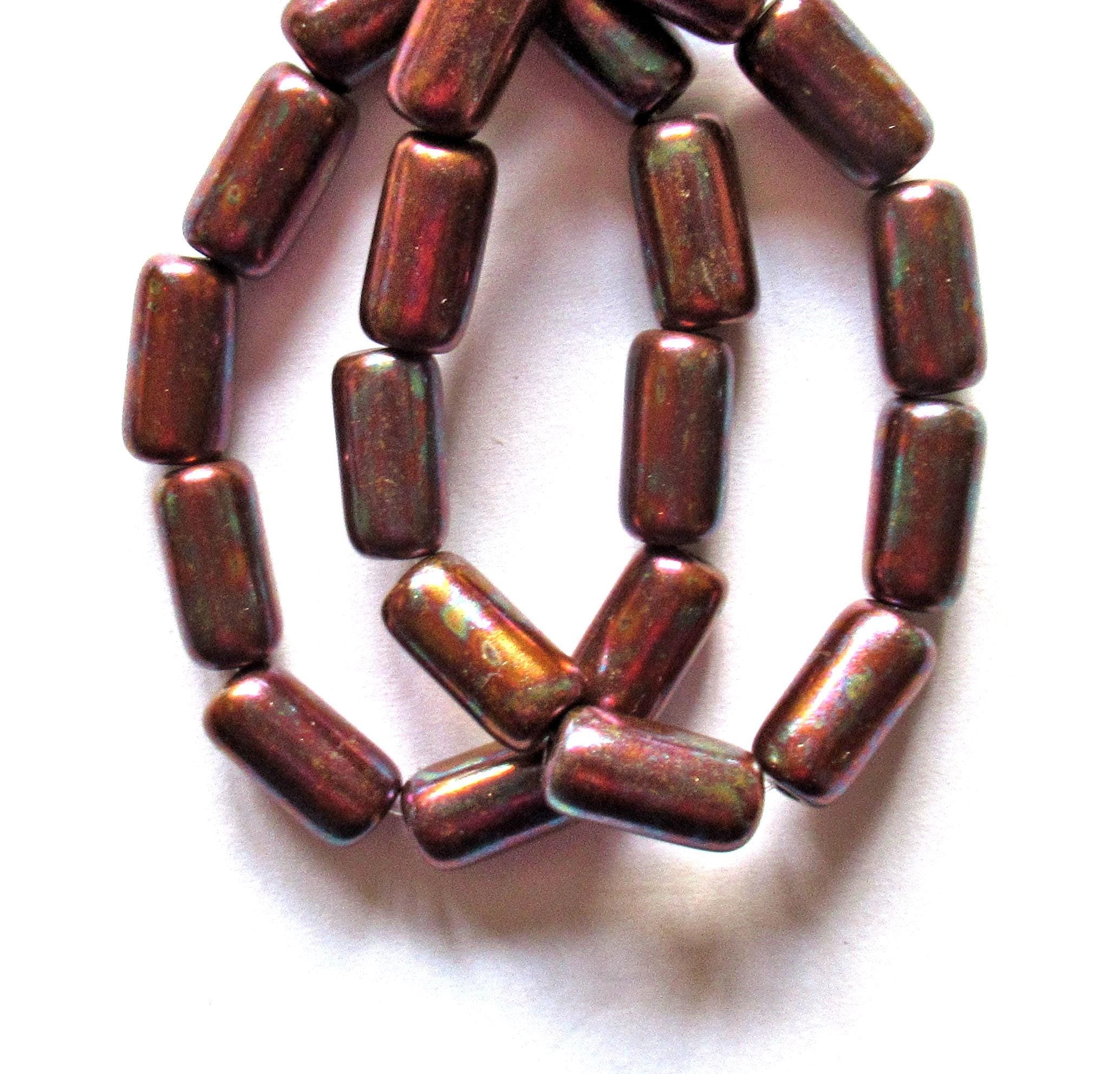 Ten Czech glass tube beads - copper w/ a mother of pearl finish & big 2mm holes - 7 x 14mm - C00052