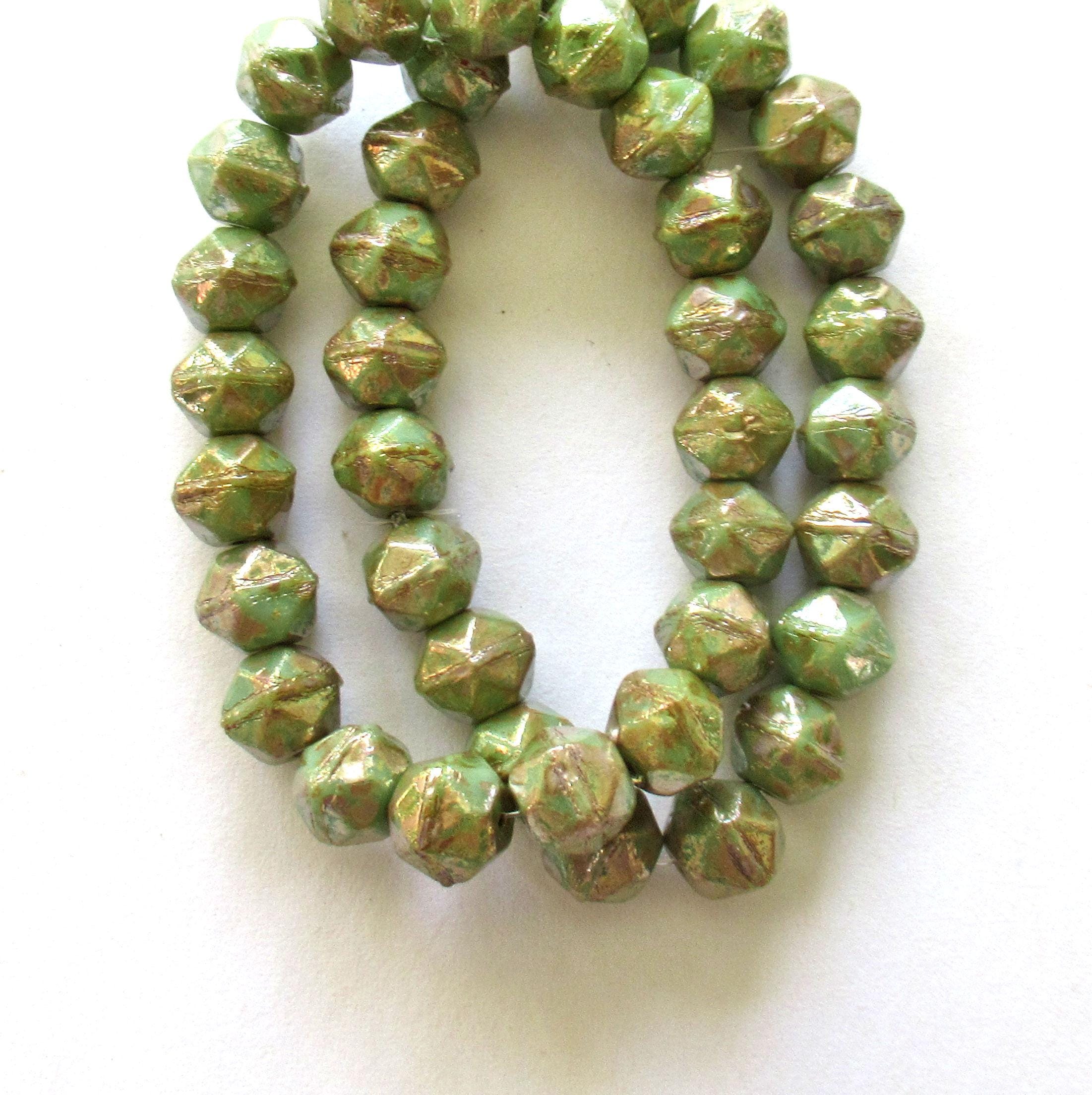 20 8mm Czech glass English cut beads - sage green with a gold picasso finish - C00002