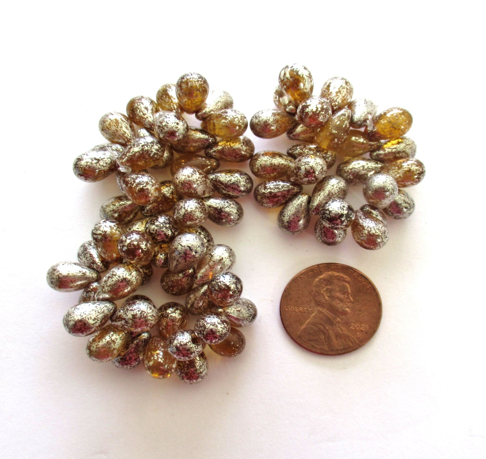 Lot of 25 Czech glass drop beads - transparent topaz with a splotchy antique silver finish - smooth teardrop beads - 9 x 6mm 0028