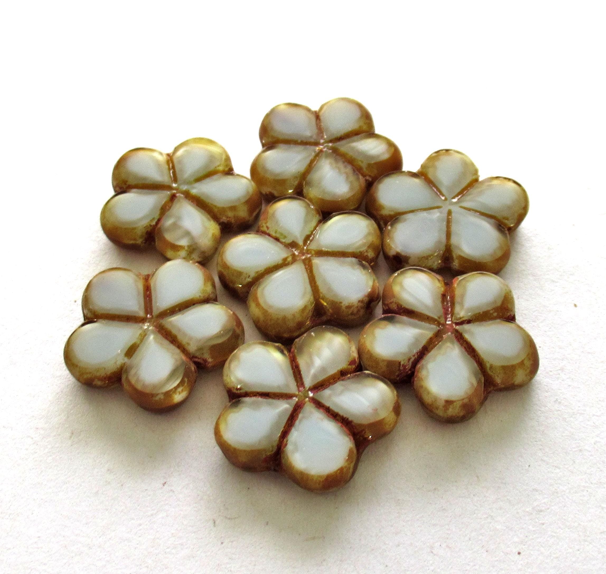 Six Czech glass flower beads - opaque light gray with brown picasso accents - 17mm - table cut carved beads - C00971