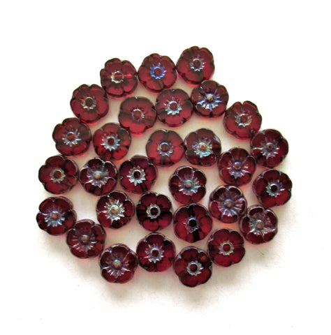 Ten Czech glass flower beads - transparent fuchsia pink w/ picasso accents - 10mm- table cut carved Hawaiian flower beads - C00101