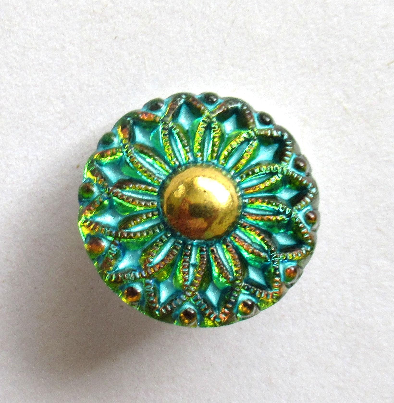 One 18mm Czech glass flower button - green & orange glass with gold accents and a turquoise wash - decorative floral shank buttons - 00371