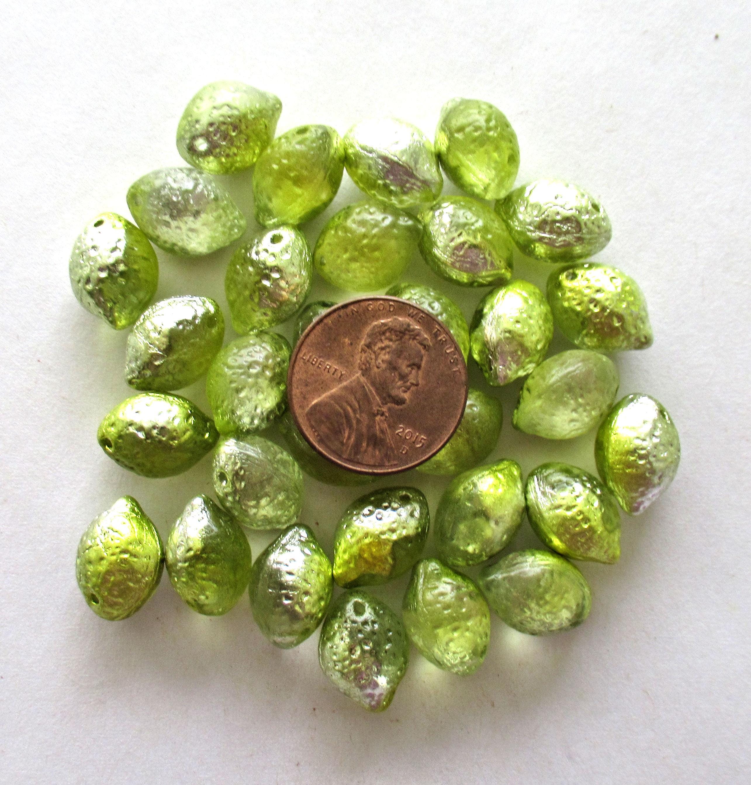Lemon shaped drop beads - 14 x 10mm - yellow green & silver - side drilled - pressed Czech glass beads - 10 pieces - C00831