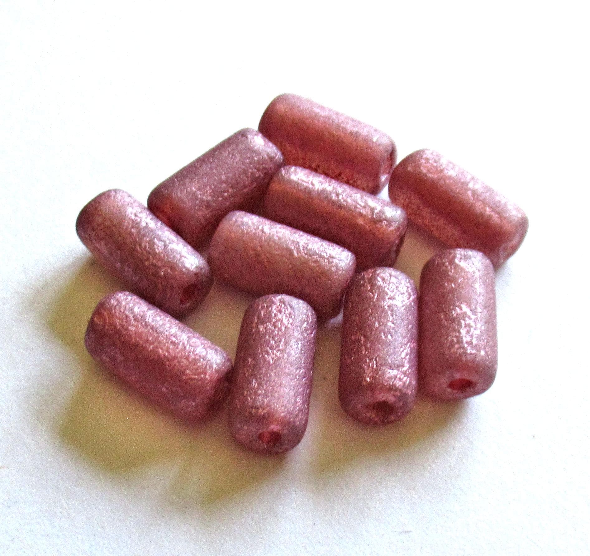 Ten Czech glass tube beads - etched pink w/ big 2mm holes - 7 x 14mm - C00052