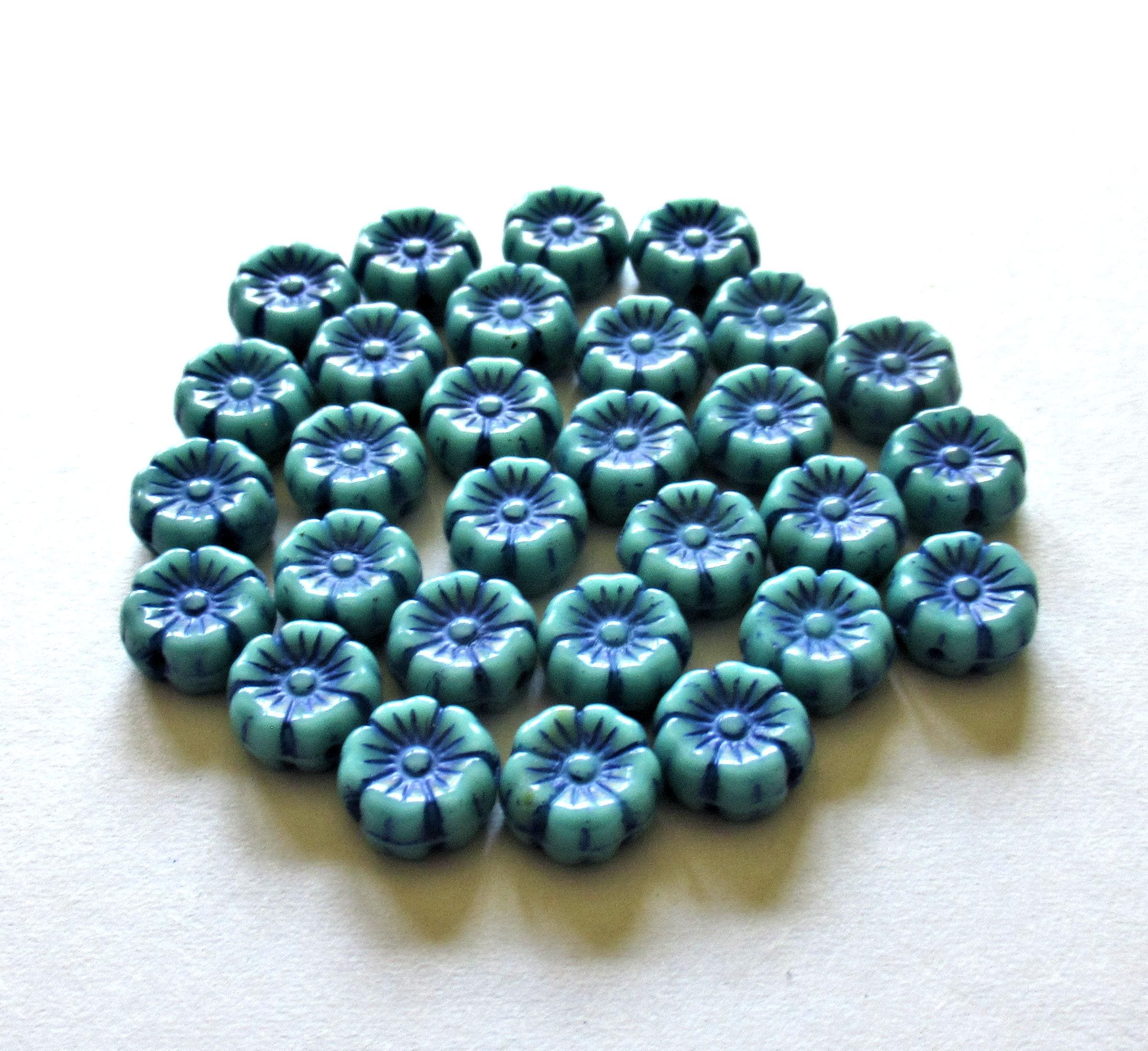15 Czech glass flower beads - 8mm - turquoise blue with a royal blue wash - pressed floral beads - C0601