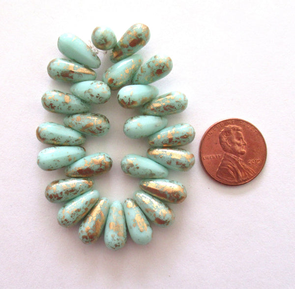 25 Czech glass drop beads - opaque mint green beads with splotchy gold accents - smooth teardrop beads - 13 x 6mm - C00051