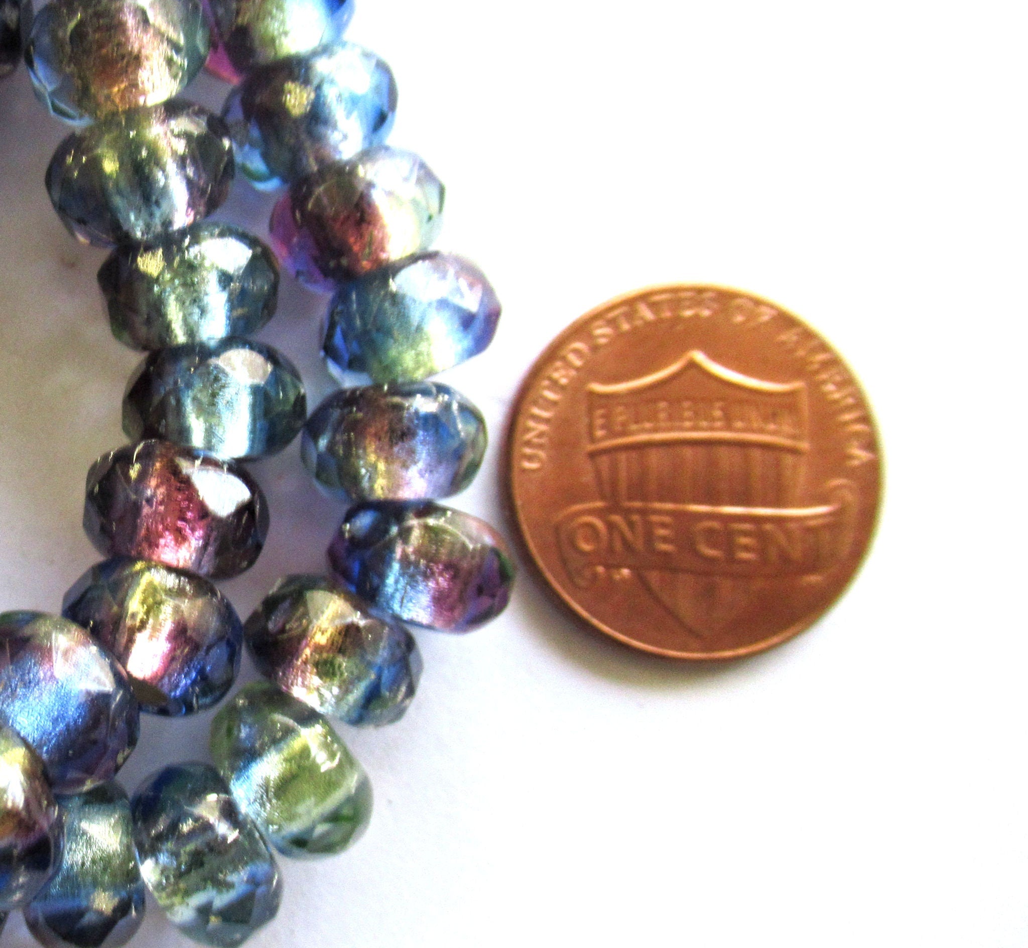 Ten Czech glass roller beads - 9 x 6mm purple blue color mix, silver lined, faceted roller, rondelle, big 3.5mm hole beads C00801