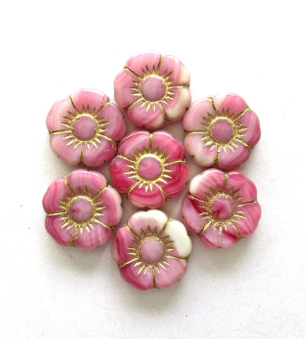 6 large Czech glass flower beads - marbled pink & white beads with gold accents - 18mm - 00941