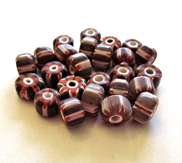 Ten gray, black, white & red striped chevron glass barrel beads - big hole rustic beads - approx 9x 7mm C0086