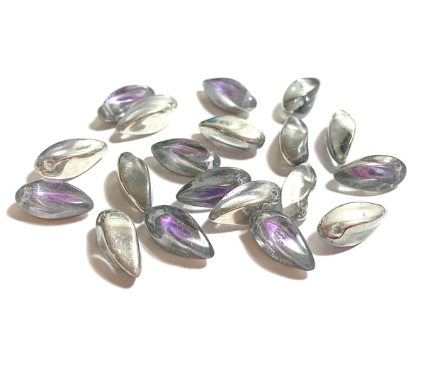 20 Czech glass twisted teardrop, petal or dagger beads - top drilled 6 x 12mm violet purple and silver pressed glass beads C0016