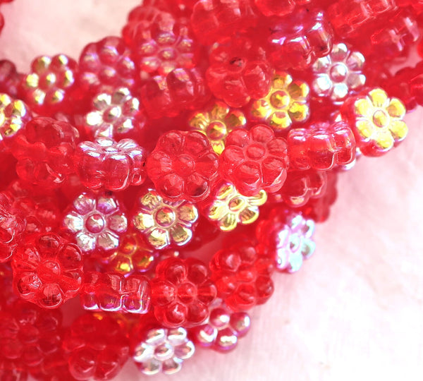 25 8mm Czech glass flower beads - bright siam red AB - pressed glass floral beads - C0074