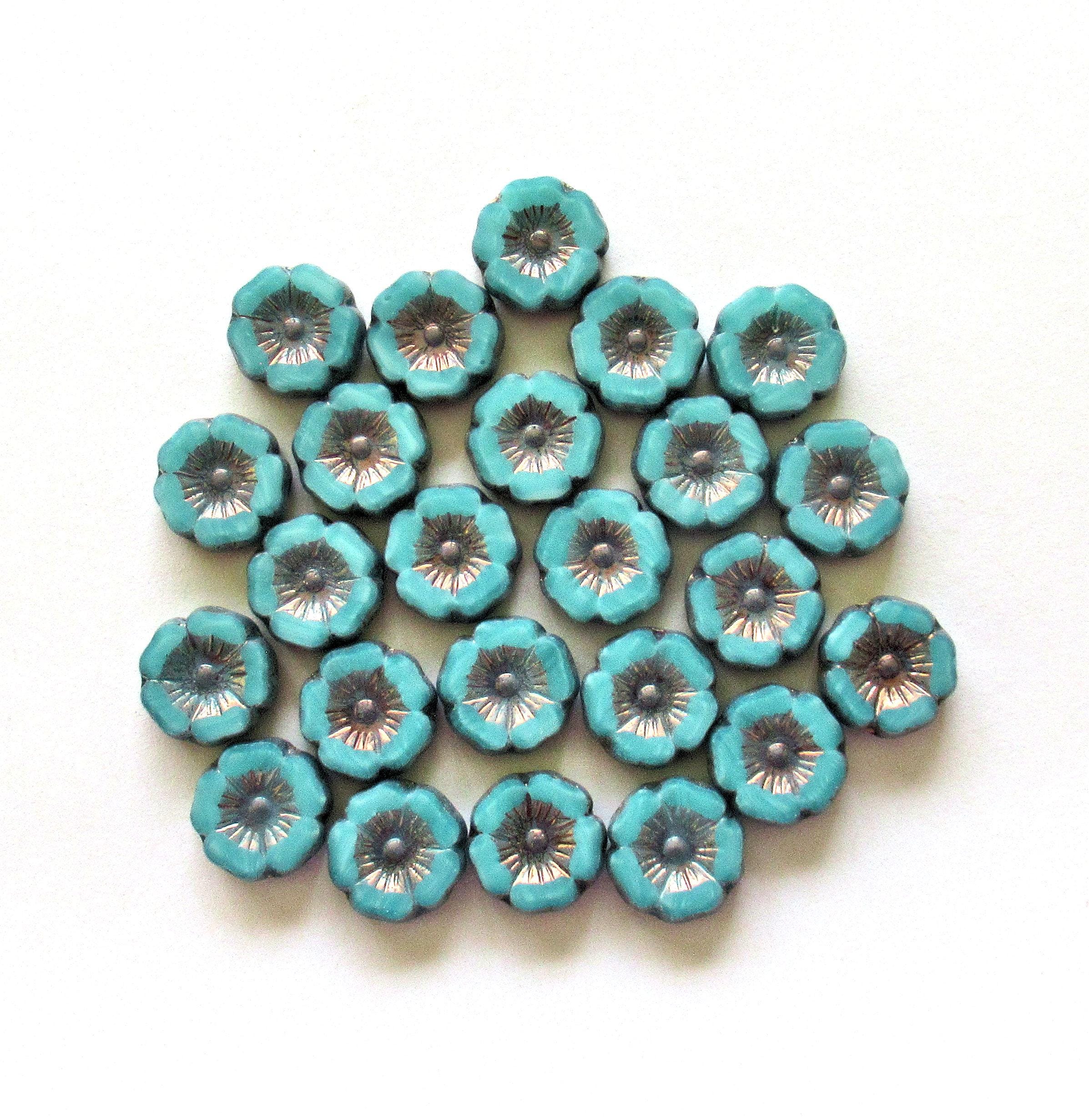 Czech glass flower beads - 12mm - sky blue silk w/ purple bronze accents - Vaseline glass - table cut carved flowers - 8 beads - C00352