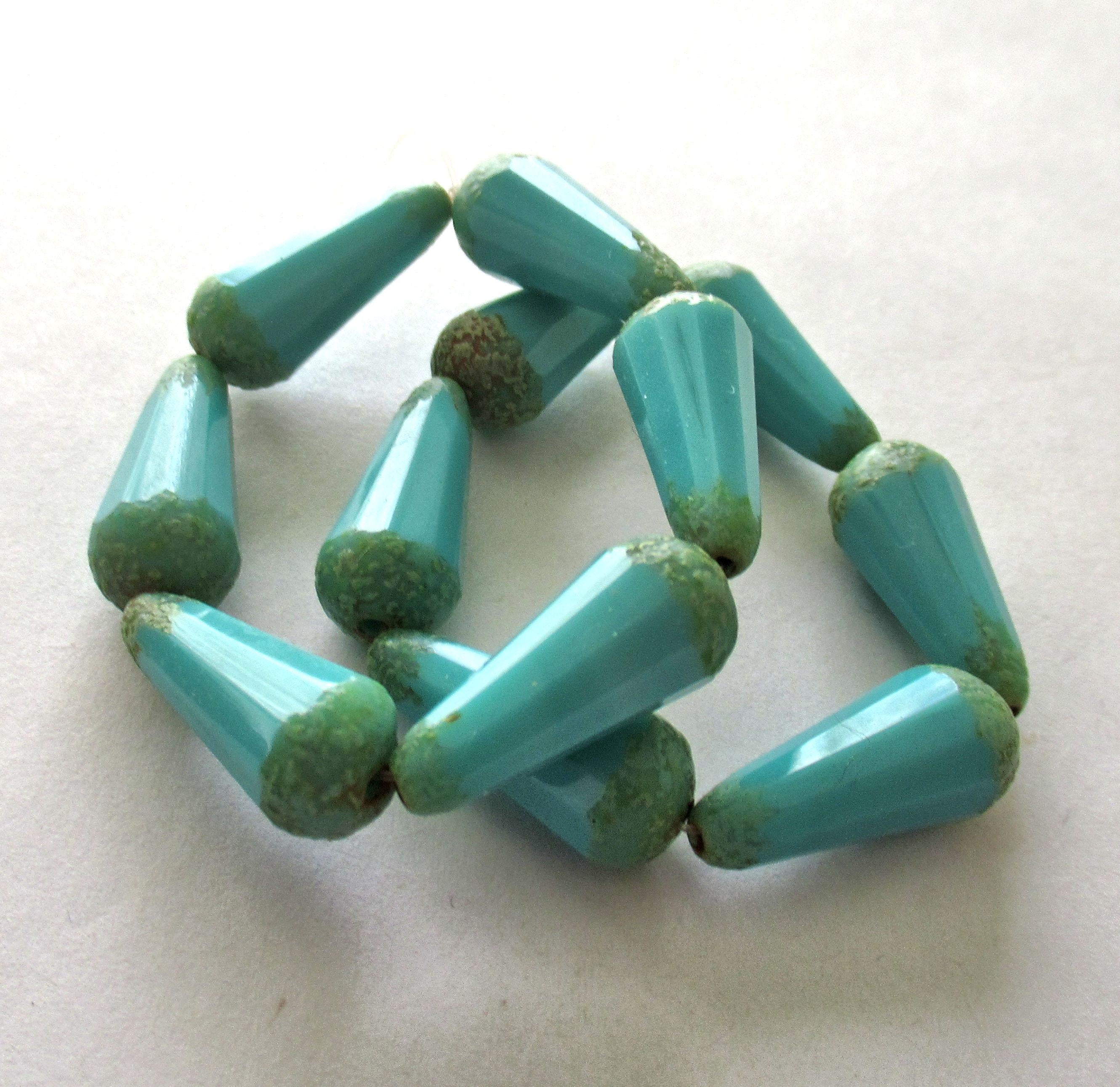 Six Czech glass long faceted teardrop beads - opaque turquoise blue w/ picasso accents - 9 x 20mm elongated tear drops 00542