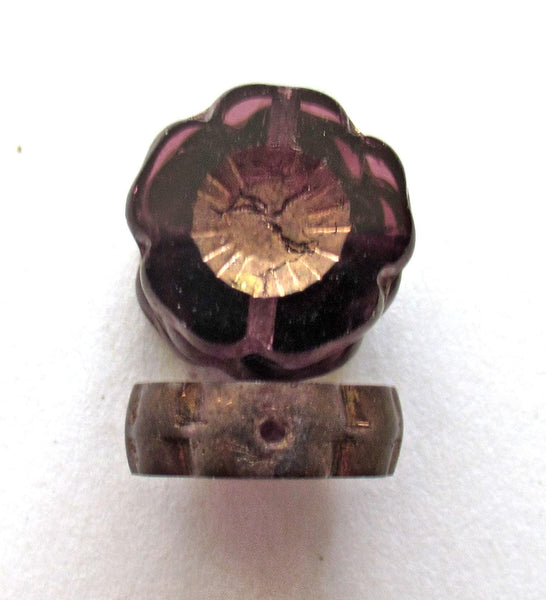 Six 14mm Czech glass flower beads - transparent marbled light and dark amethyst purple with a bronze picasso finish - Hawaiian flowers 00231