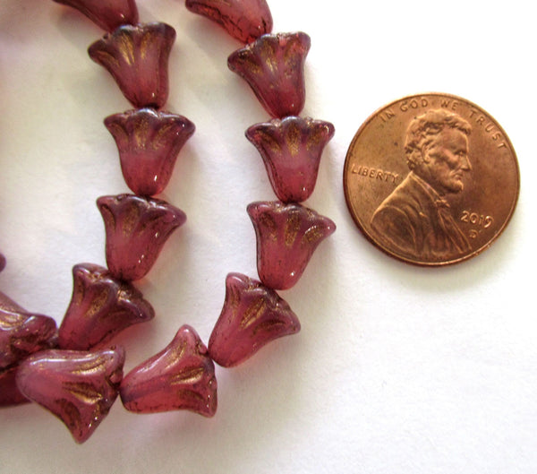 15 Czech glass flower beads - 9 x 10mm translucent deep pink opal with a bronze wash - lily flower beads C00161