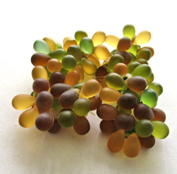 25 Czech glass drop beads - translucent matte amber, green & topaz brown mix - smooth teardrop beads - 9 x 6mm C00531